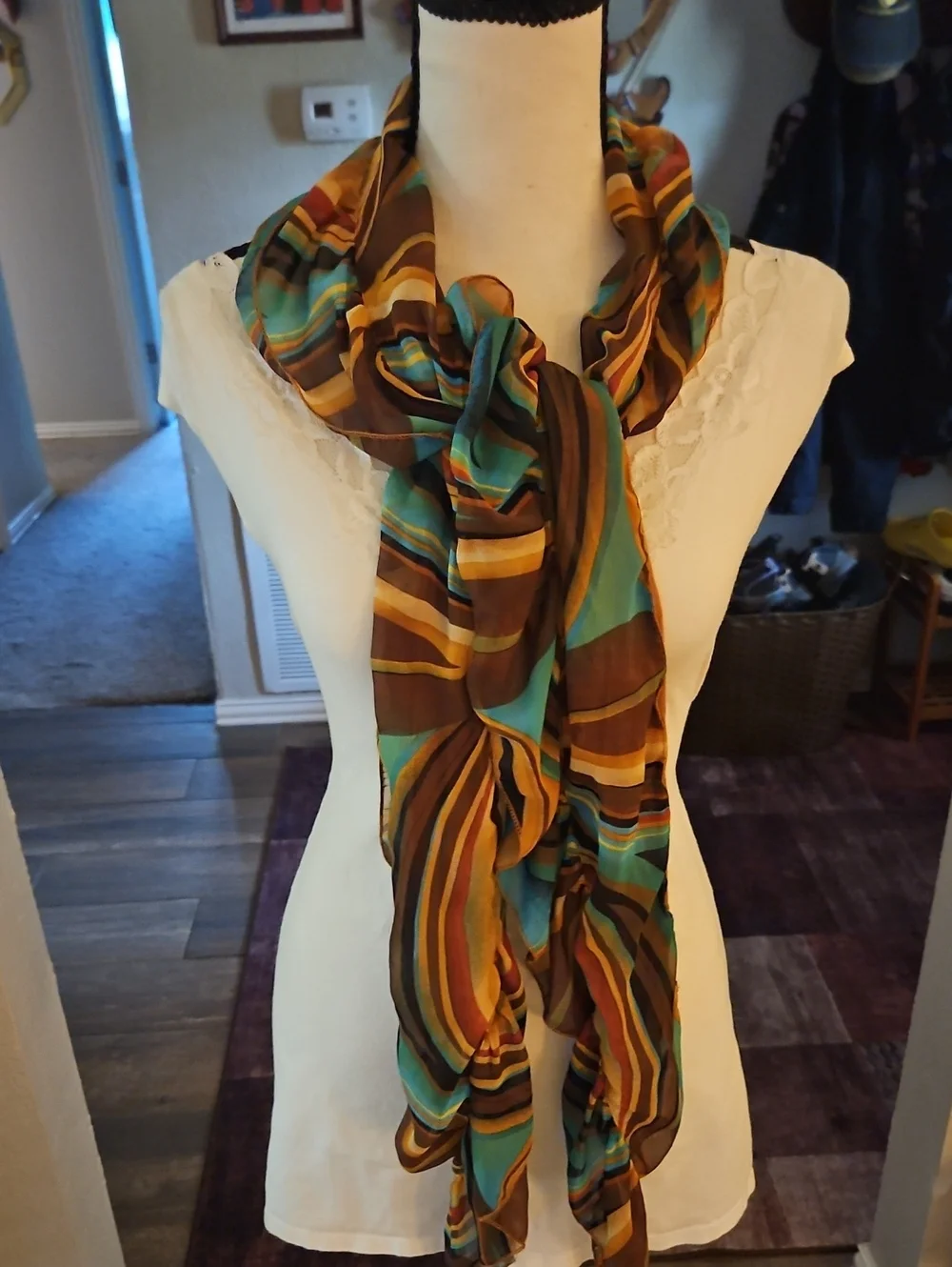Vintage Retro Mod Striped Chiffon Ruffle Scarf in Teal and Brown